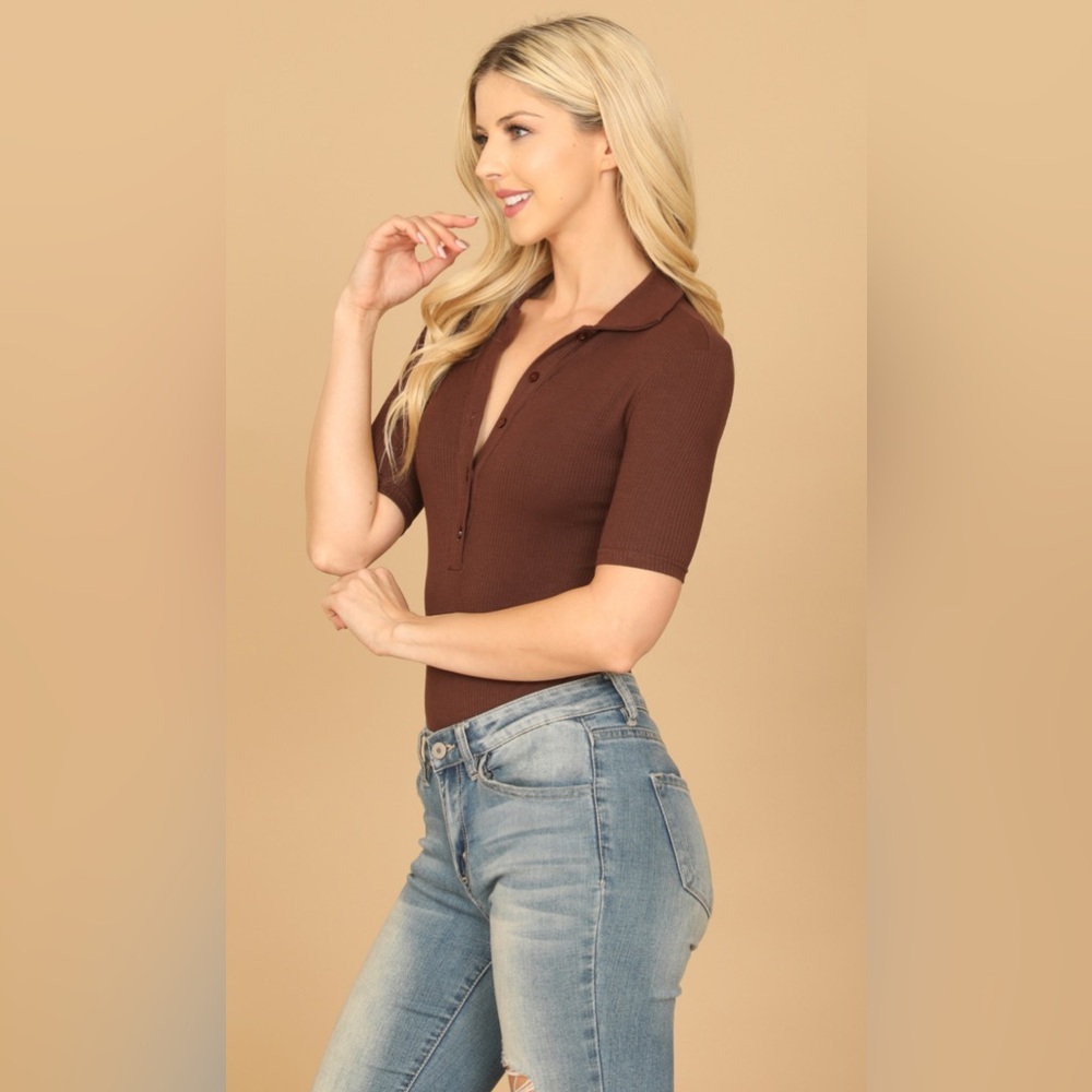 Brown Ribbed Button-Up Bodysuit - Picture 12 of 13